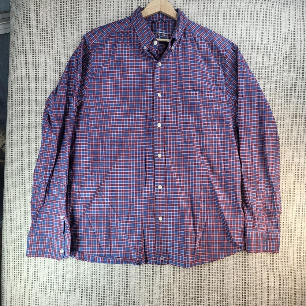 Vineyard Vines Shirt Mens Medium Red Blue Plaid On-The-Go Performance‎ Stretch